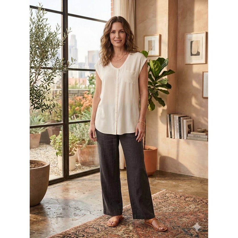 Eileen Fisher Ivory Silk Button Front Cap Sleeve V-Neck Blouse XL Pocket Top